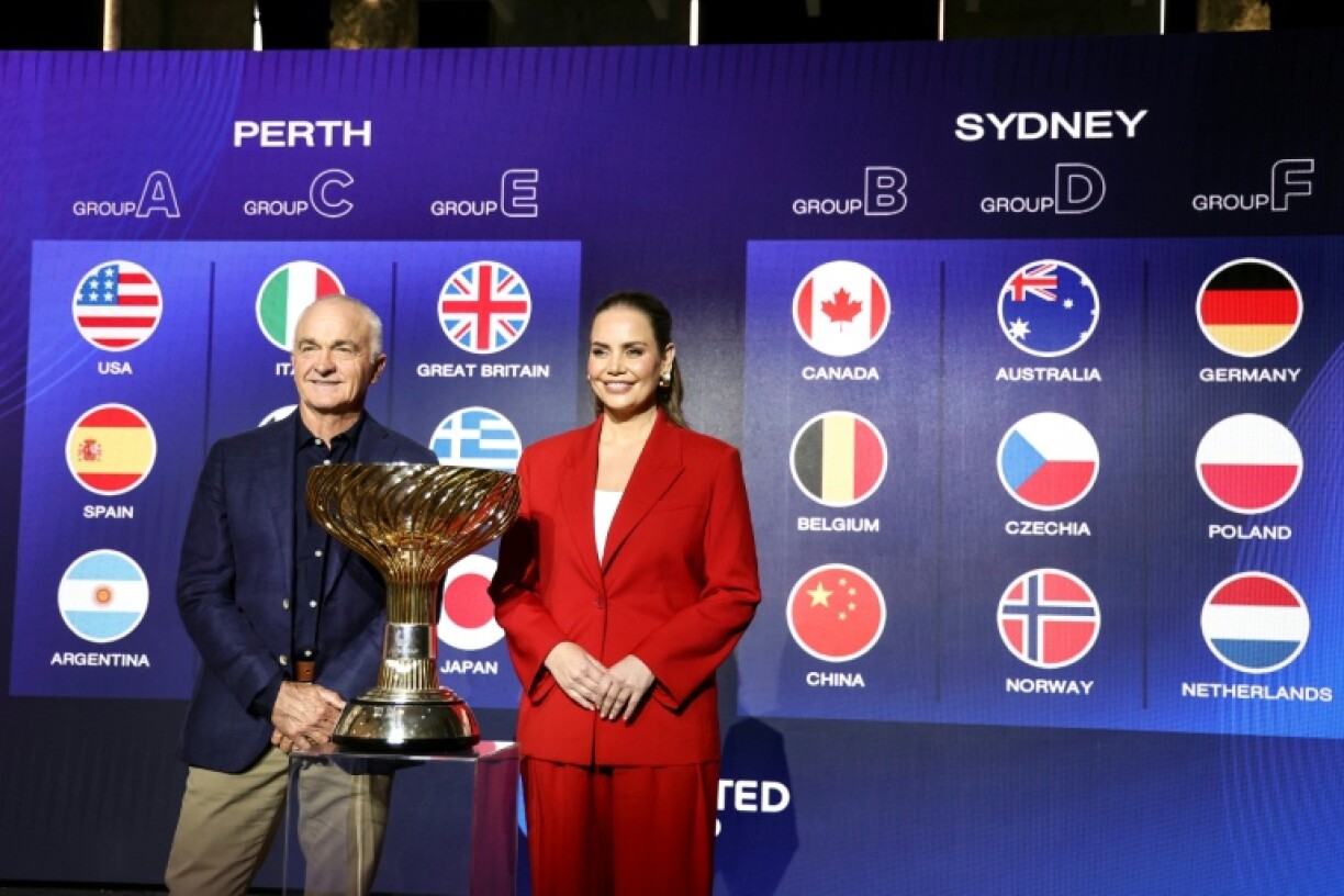Australian former players Wally Masur and Jelena Dokic conduct the United Cup draw in Sydney