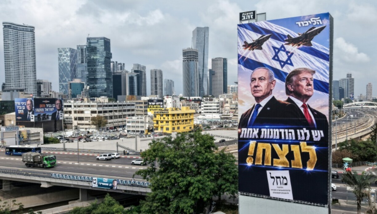 A campaign billboard in Tel Aviv depicts Prime Minister Benjamin Netanyahu alongside US President Donald Trump