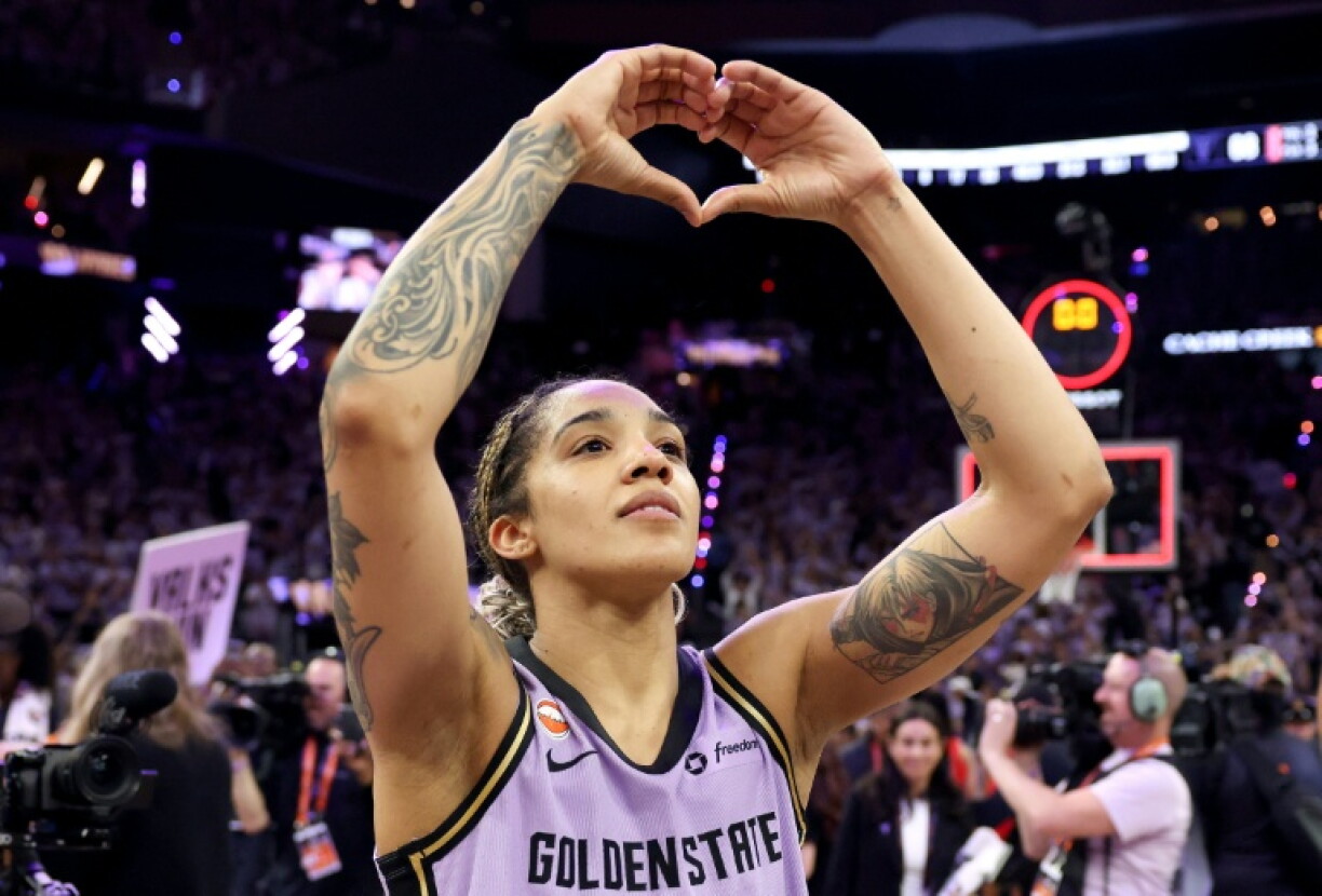 Golden State's Gabby Williams celebrates the Valkyries' victory over the Atlanta Dream in game one of the WNBA Finals