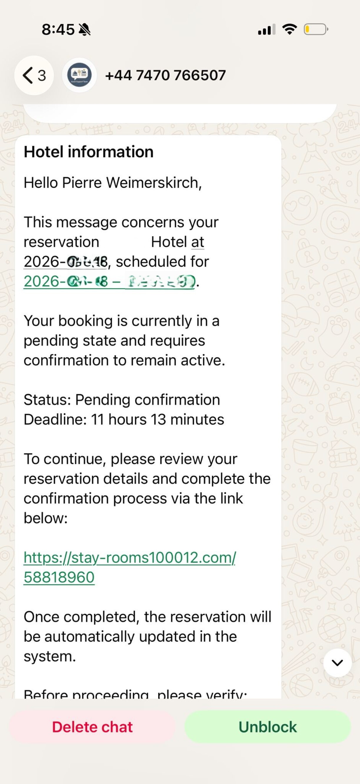 Fake-Message vun engem Hotel fir eng Reservéierung ze validéieren.