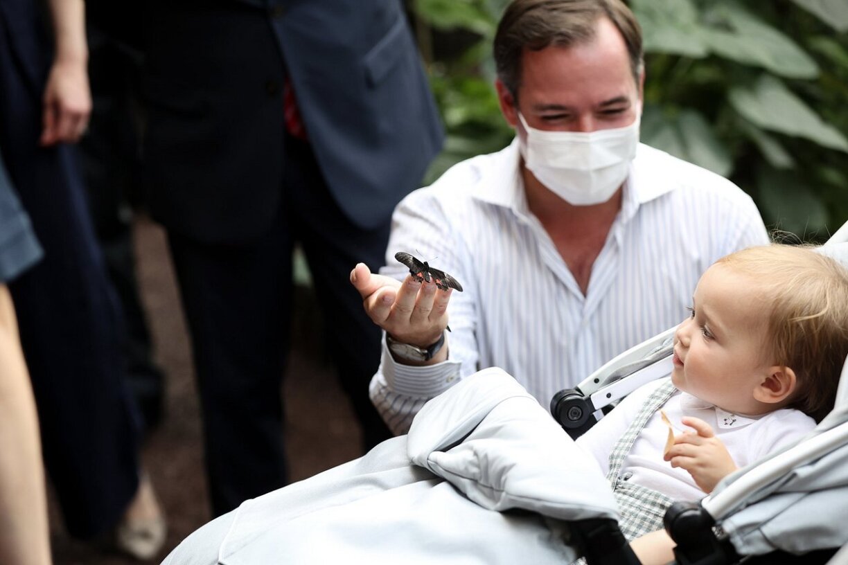Hereditary Grand Duke Guillaume visiting the Jardin des Papillons with Prince Charles.