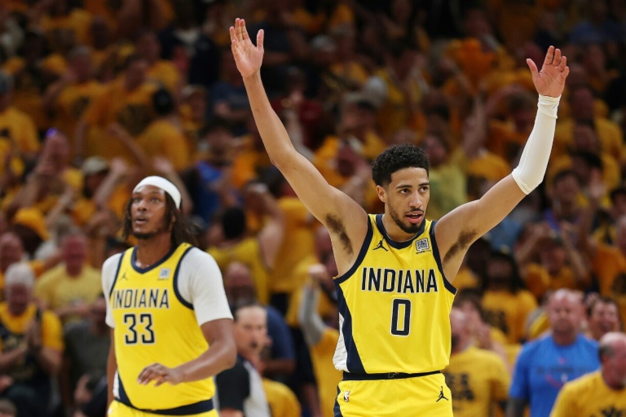 Tyrese Haliburton of the Indiana Pacers celebrates a basket in the Pacers' victory over the Oklahoma City Thunder in game six of the NBA Finals