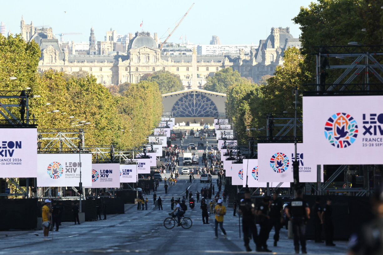 This photograph shows the Avenue des Champs-Élysées and the Place de la Concorde (background) prepared for Pope Leo XIV's solemn outdoor mass, in Paris on September 25, 2026, during Pope's four days visit to France.