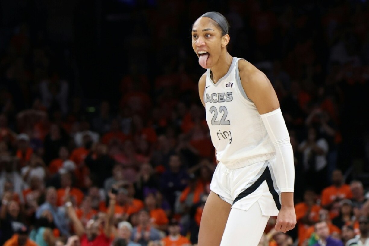 Las Vegas Aces star A'ja Wilson reacts after her game-winning basket in the Aces' victory over the Phoenix Mercury in game three of the WNBA Finals