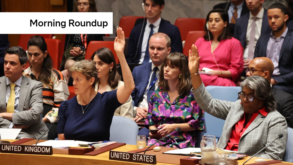 NEW YORK, NEW YORK - JUNE 10: Permanent Ambassador to the UN from the United Kingdom Barbara Woodward and Representative of the United States to the UN, Ambassador Linda Thomas-Greenfield vote on a resolution during United Nations Security Council meeting on the situation in the Middle East, including the Palestinian question at the United Nations headquarters on June 10, 2024 in New York City.