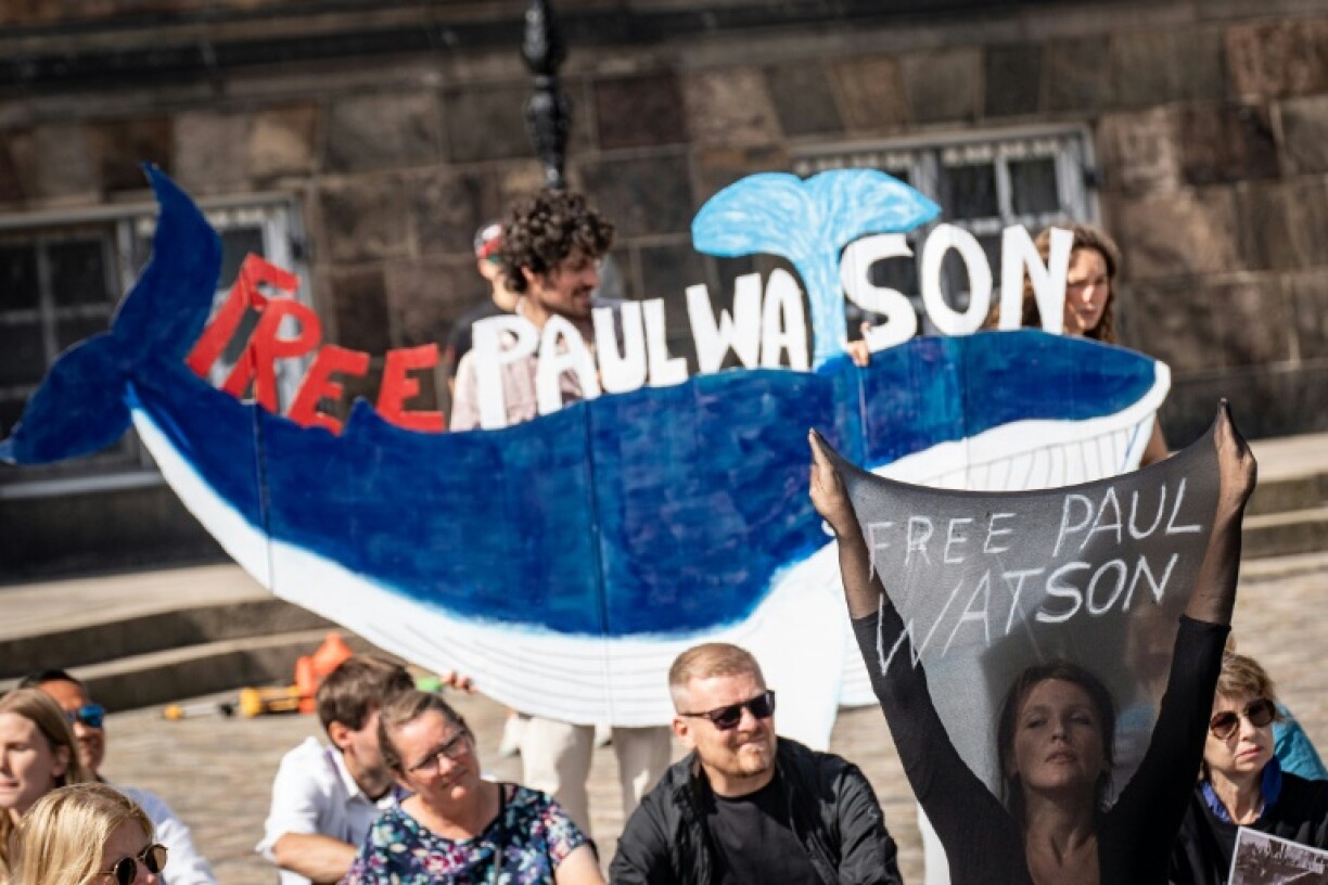 Des militants de l'ONG Sea Shepherd manifestent pour la libération du militant écologiste Paul Watson à Christiansborg Slotsplads à Copenhague, au Danemark, le 12 août 2024