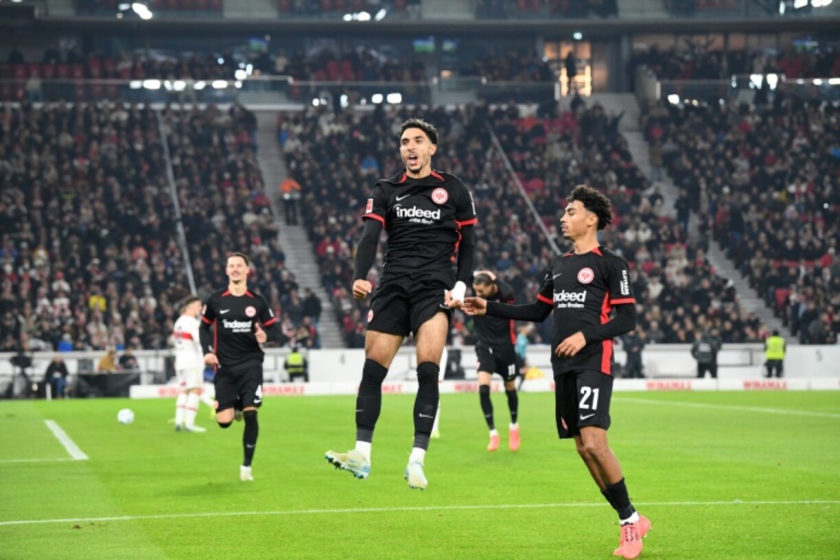 Omar Marmoush (C), seen here celebrating after scoring against Stuttgart earlier in November, grabbed a brace as Eintracht beat Heidenheim