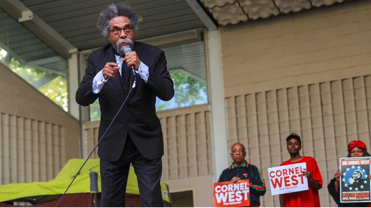 Presidential candidate Dr Cornel West talking to his supporters at his Harlem rally in New York on 21 May 2024.