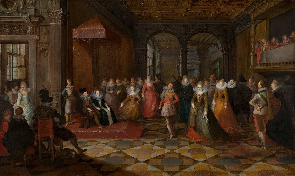Éléonore and her husband dancing at a court ball in Brussels (c. 1611-1612) by Frans Francken the younger and Frans Pourbus the Younger.