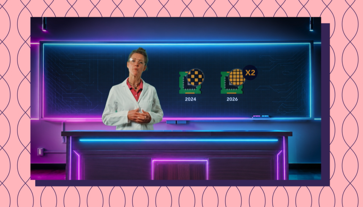Extract from the video, with Science Communicator Michèle Weber from the FNR presenting Moore’s law and illustrations of computer chips.