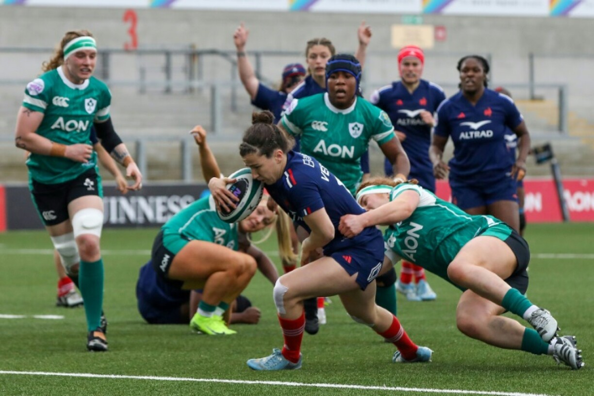 Mixed match: France centre Gabrielle Vernier crosses to score the opening try but was later sent off in her side's 27-15 Women's Six Nations win over Ireland in Belfast