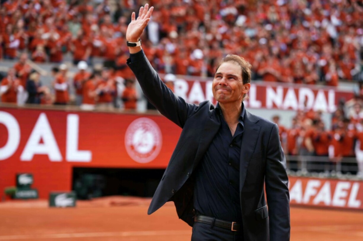 La légende du tennis Rafael Nadal lors d'un hommage rendu sur le court Philippe-Chatrier, à Roland-Garros, le 25 mai 2025