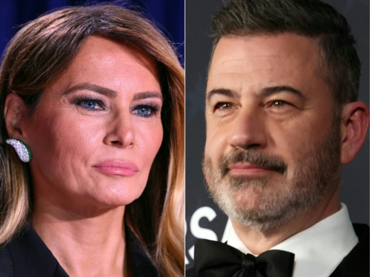 Combinaison d'images réalisée le 27 avril 2026 de la première dame américaine Melania Trump à Washington, le 25 avril 2026 et du présentateur américain Jimmy Kimmel à Santa Monica, en Californie le 4 janvier 2026