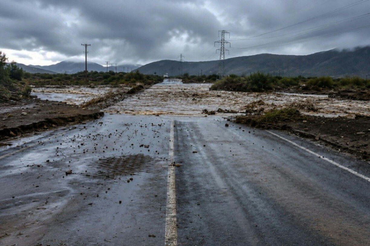 A road cut off by rising river waters in La Serena, Chile following heavy rainfall