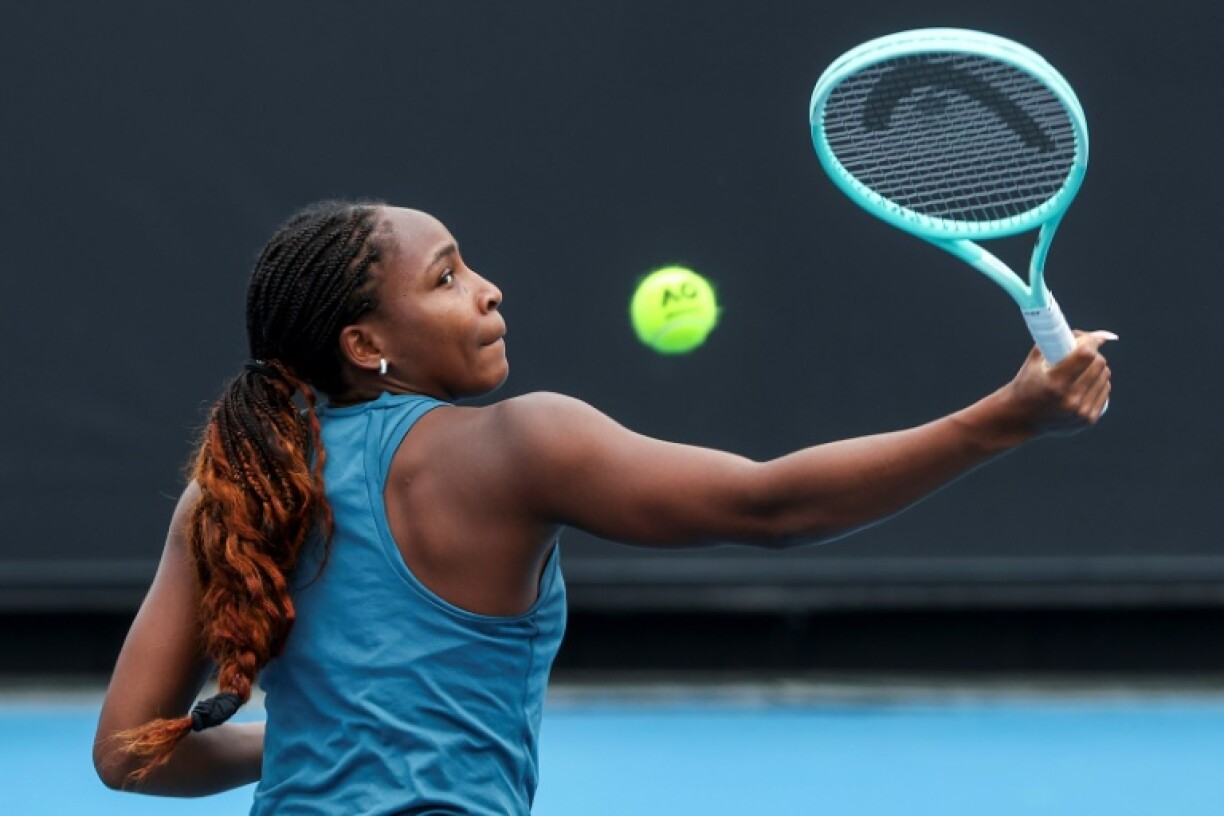 Coco Gauff hits a return during a training session ahead of the Australian Open