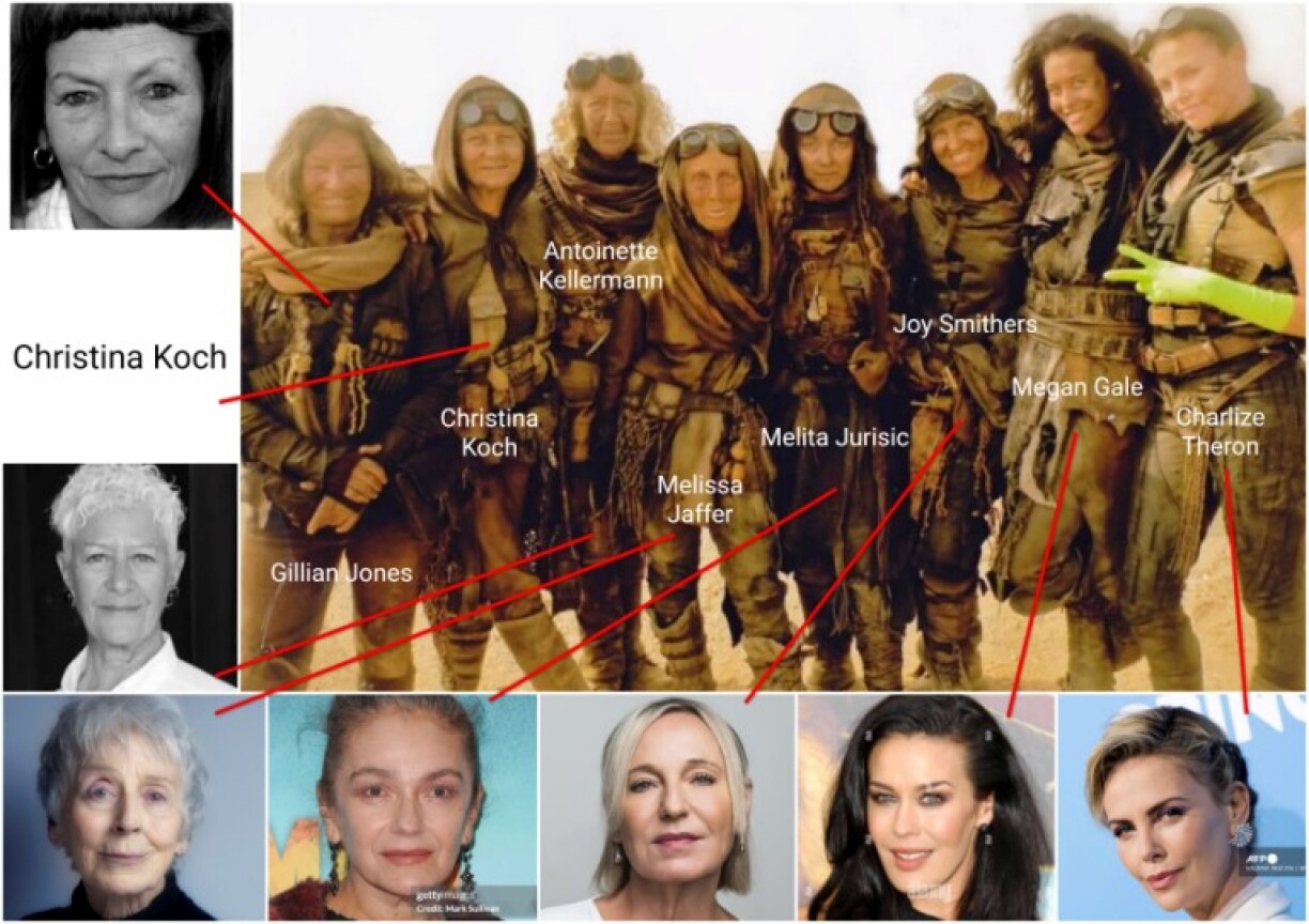 Comparison of the group photo and the headshots of the actresses, with names and markings added by AFP