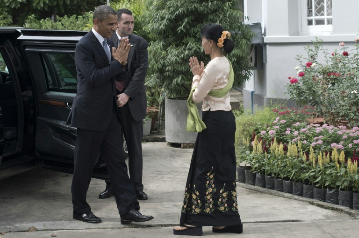 Aung San Suu Kyi greeted then US president Barack Obama at her Yangon residence in 2012