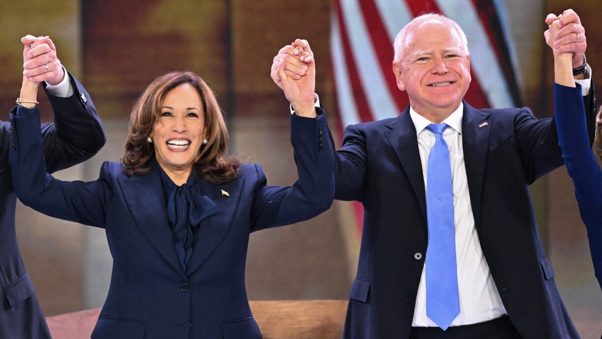Kamala Harris on stage with Tim Walz after speaking on the fourth and last day of the Democratic National Convention at the United Center in Chicago, Illinois, on 22 August 2024.