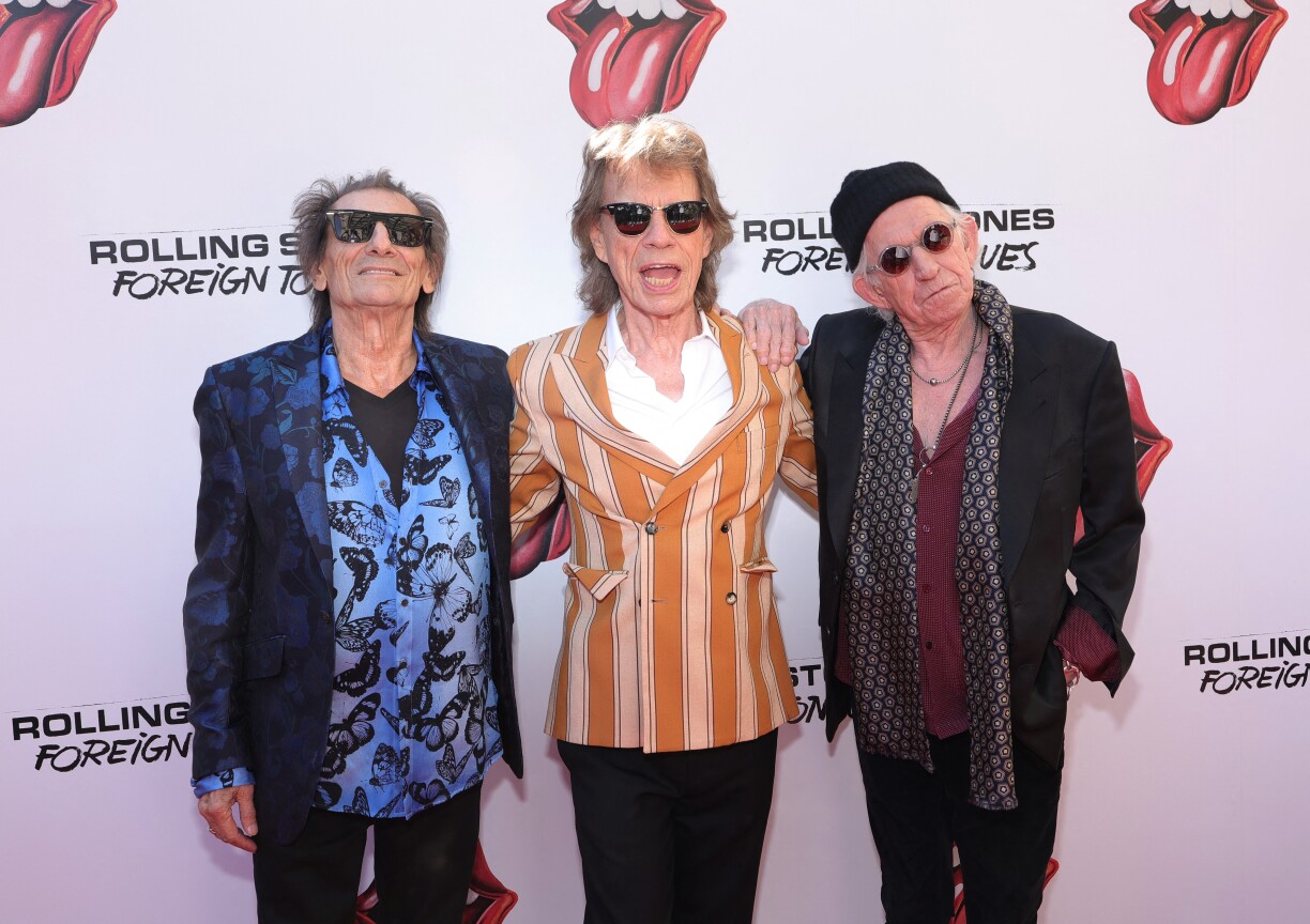 Vu lénks no riets: de Ronnie Wood, de Mick Jagger an de Keith Richards bei der Annonce vum neien Album de 5. Mee 2026 zu New York.
