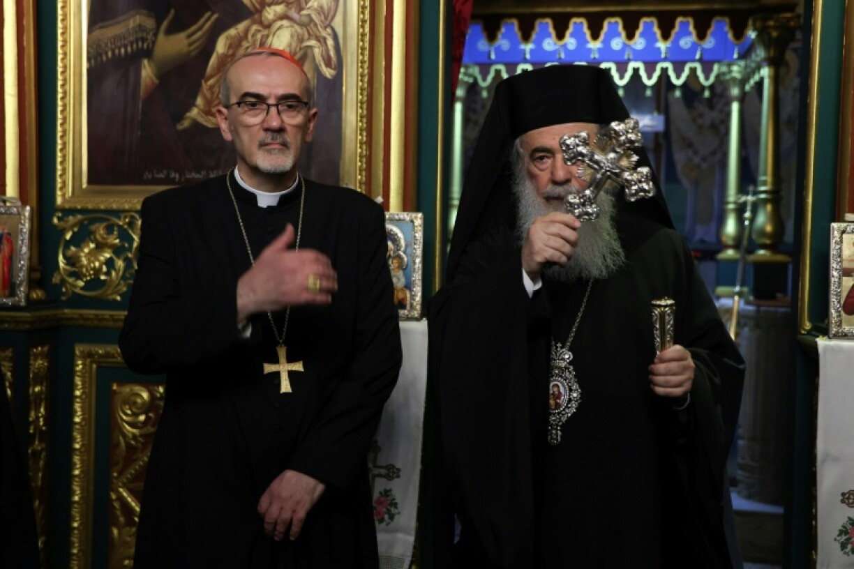 Latin Patriarch of Jerusalem Pierbattista Pizzaballa and Greek Orthodox Patriarch of Jerusalem Theophilos III also visited Saint Porphyrius Church