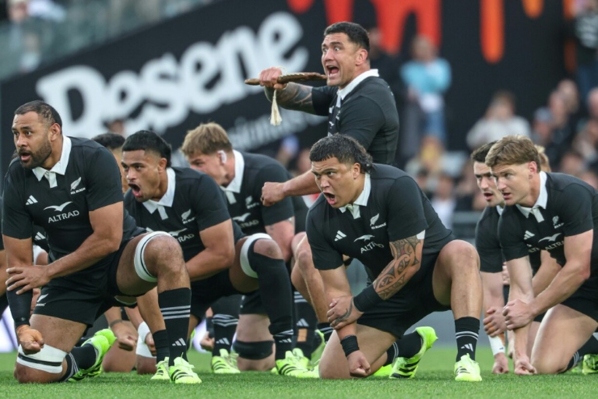 New Zealand's players perform the haka at Eden Park on September 27