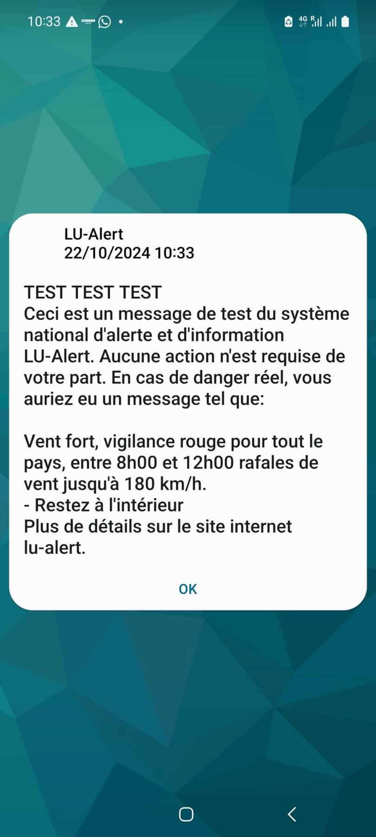 Impression écran de l'alerte envoyée ce mardi matin au Luxembourg.