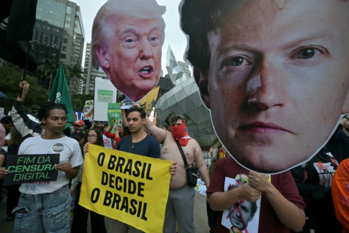 Dozens of Brazilians protested against alleged election interference by Meta outside its Sao Paulo offices