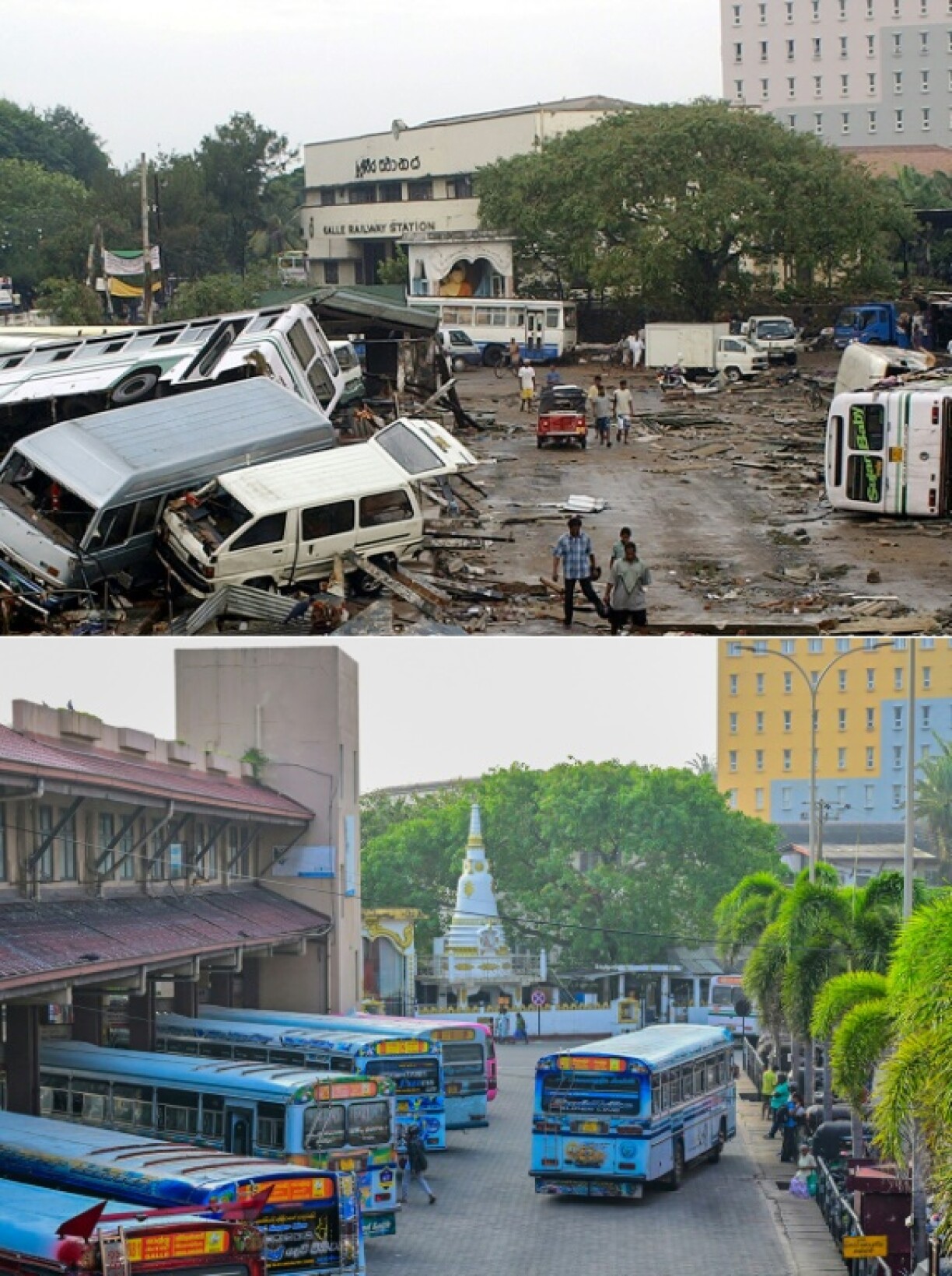 A combination photo shows vehicles damaged in the December 26, 2004 tsunami around the main bus terminal in Sri Lanka's Galle city on December 27, 2004 and buses at the same terminal on December 1, 2024.