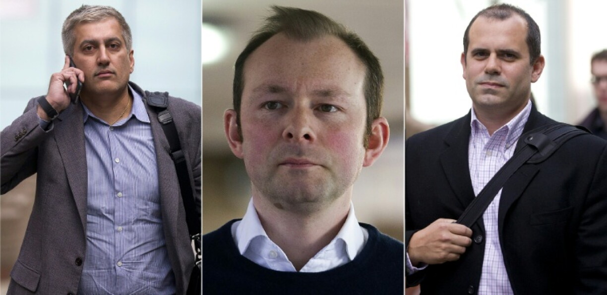 A combination of file pictures created on July 4, 2016 shows former Barclays employees (L-R) Jay Merchant, Jonathan Matthew and Alex Pabon whose convictions for manipulating the Libor and Euribor interest rate benchmarks have been overturned