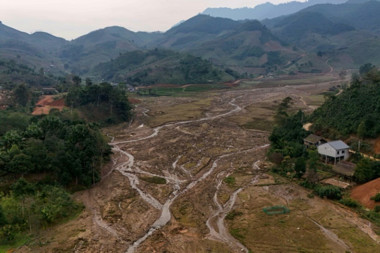 An aerial photo taken on March 20, 2025 shows part of the original site of Lang Nu village in Lao Cai province, after it was wiped away in a landslide triggered by Typhoon Yagi