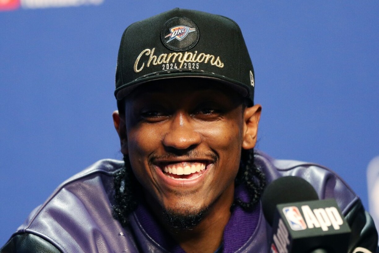 Oklahoma City's Jalen Williams is all smiles after the Thunder's NBA title-clinching victory over the Indiana Pacers in game seven of the NBA Finals