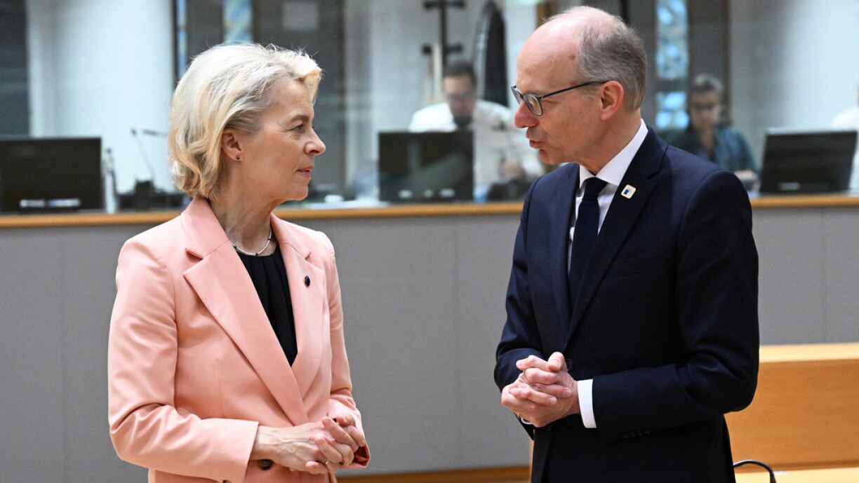 EU Commission President Ursula von der Leyen and Luxembourg Prime Minister Luc Frieden attending a EU Leaders Summit in Brussels on 21 March 2024.