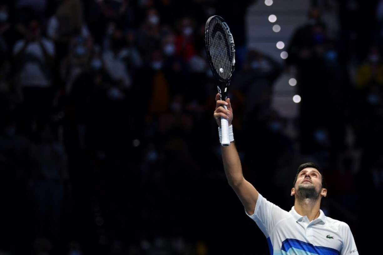 Novak Djokovic après sa victoire contre le Britannique Cameron Norrie à Turin le 19 novembre 2021