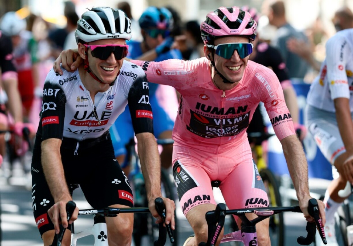 Twin brothers Adam and Simon Yates (in pink) on Sunday as Simon won the 2025 Giro