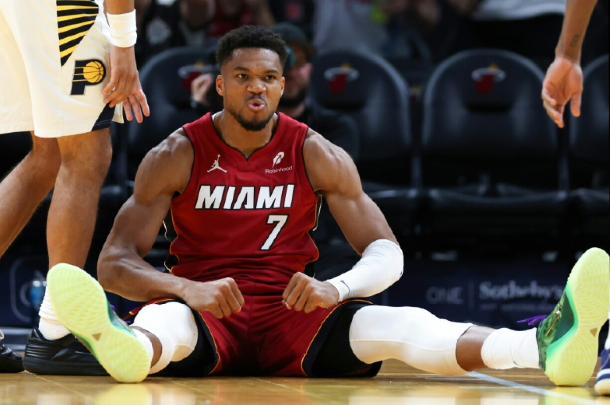 Miami's Giannis Antetokounmpo takes a breather in the Heat's NBA Cup group stage win over the Indiana Pacers