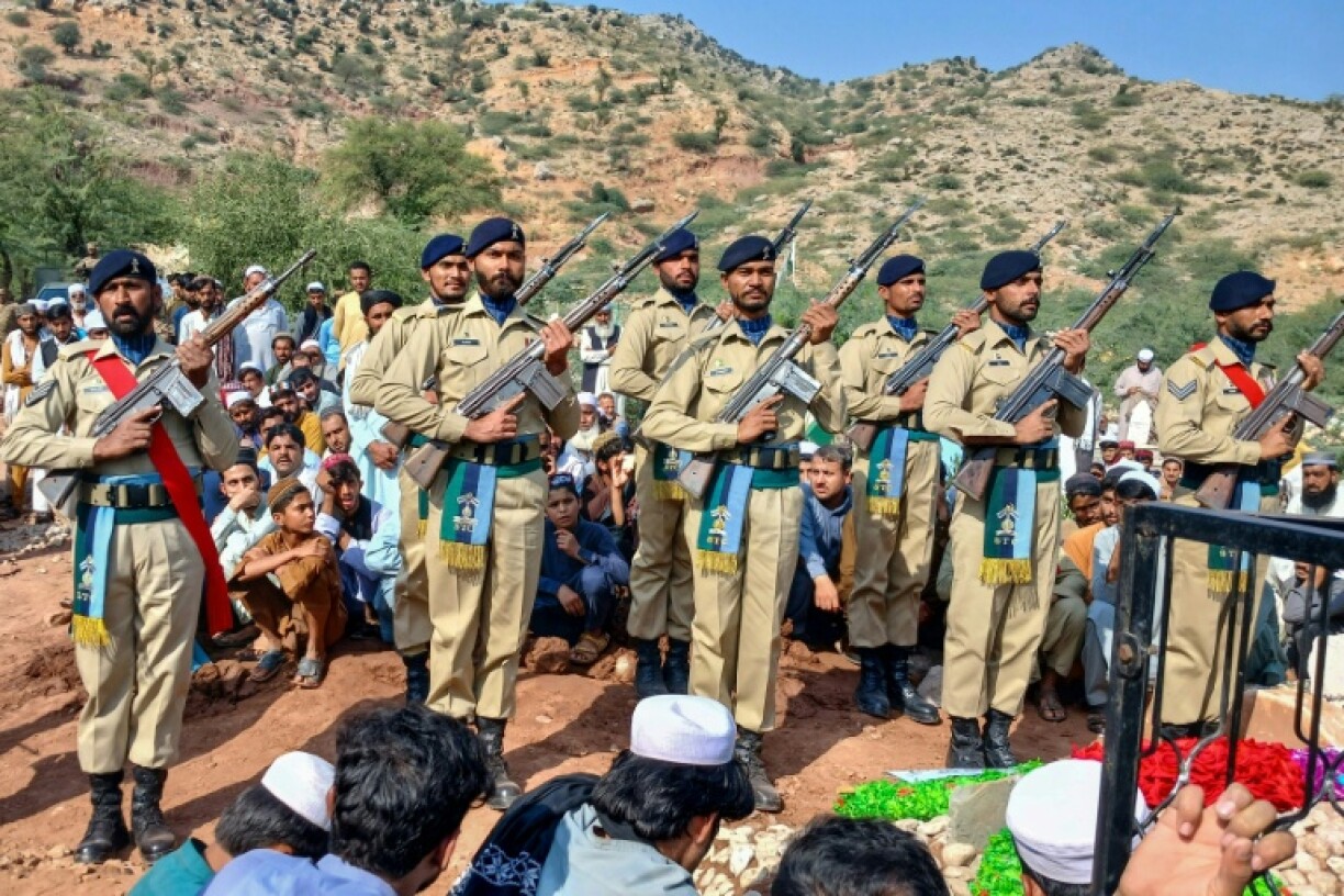 Pakistan troops are seen at a funeral in Khyber Pakhtunkhwa province for a colleague who was killed in border clashes with Afghanistan