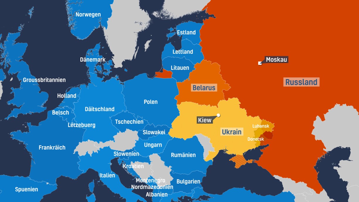 Den Ukrain-Konflikt an der Iwwersiicht: Russland an alliéiert Länner a rouden an orangen Téin, Nato-Länner am Bloen. D'Ukrain ass op der Kaart giel, déi vu Russland besate Krim ass giel a rout markéiert.