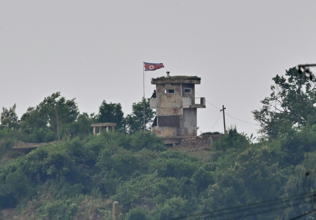 A North Korean guard post on the North side of the Demilitarised Zone (DMZ) dividing the two Koreas, is seen from the border city of Paju
