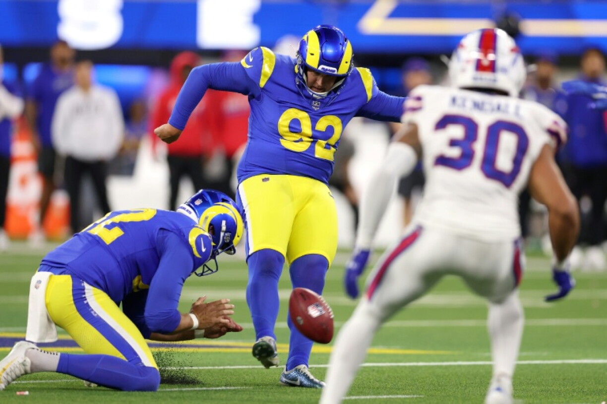 Harrison Mevis attempted to kick a field goal against the Buffalo Bills during overtime but his effort was blocked