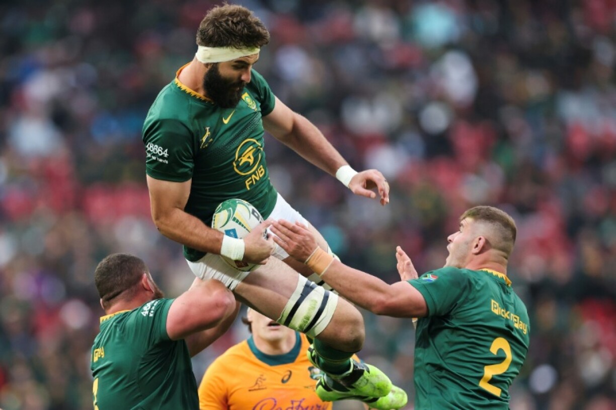 Lood de Jager (C) wins a lineout during a 2025 Rugby Championship match against Australia in Johannesburg