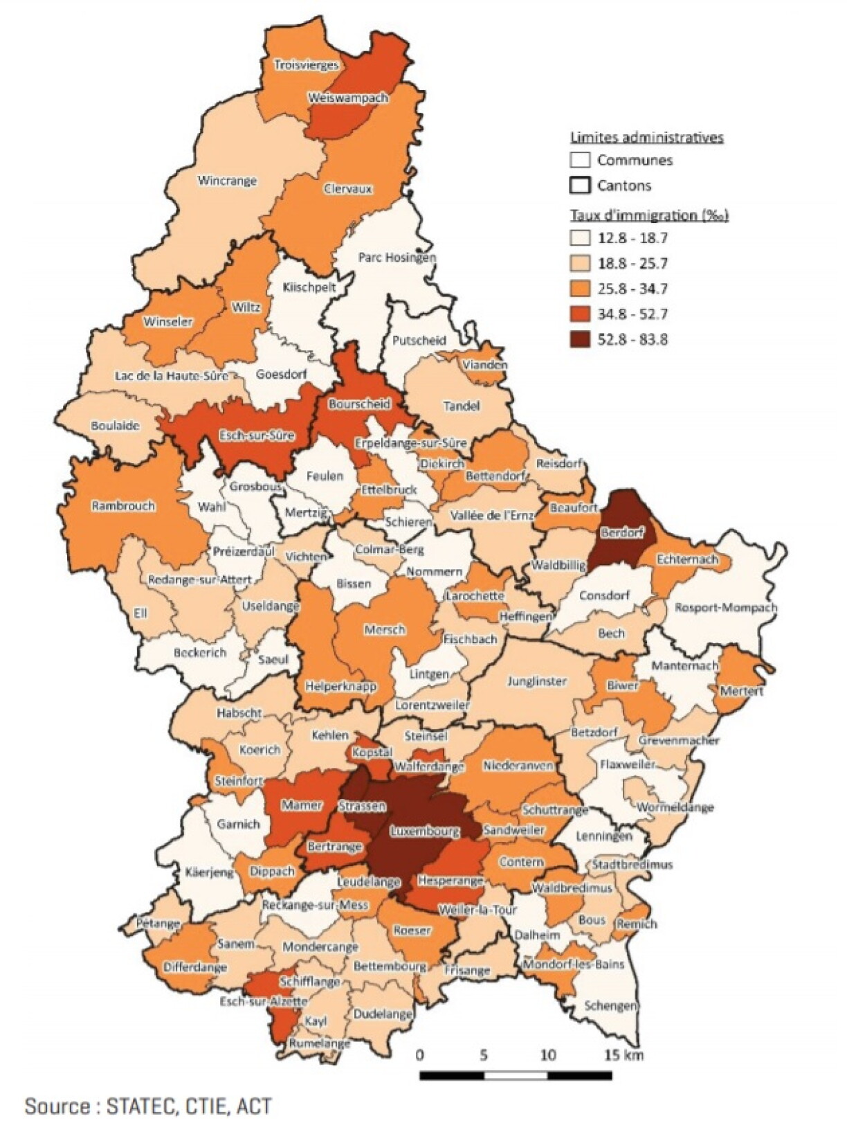En rouge foncé, les communes accueillant de nombreux nouveaux résidents. En clair, celles qui en comptent le moins.