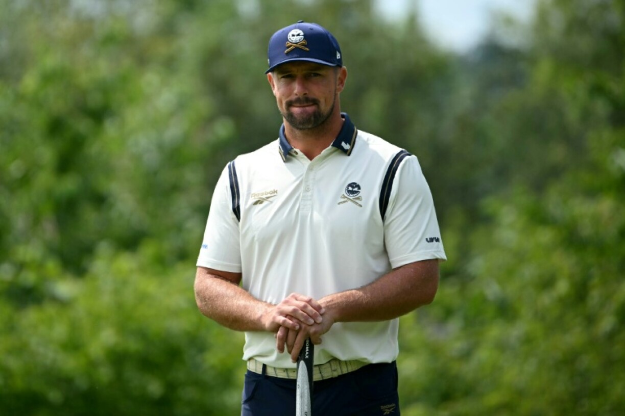 American star Bryson DeChambeau looks on during the second day of a LIV Golf event in Rocester, England, on July 26, 2025.
