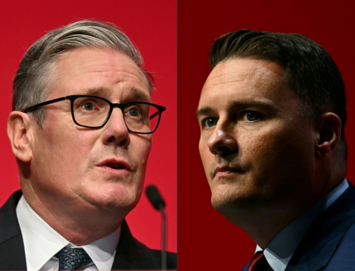 (COMBO) This combination of pictures created on May 14, 2026 shows (FILES) Britain's Prime Minister Keir Starmer delivers his keynote address to delegates on the third day of the annual Labour Party conference in Liverpool, north-west England, on September 30, 2025. (FILES) Britain's Health Secretary Wes Streeting delivers a speech on the third day of the annual Labour Party conference in Liverpool, north-west England, on September 30, 2025. Wes Streeting announced May 14, 2026, that he has resigned as Britain's health minister, paving the way for a potential leadership challenge against embattled Prime Minister Keir Starmer.
