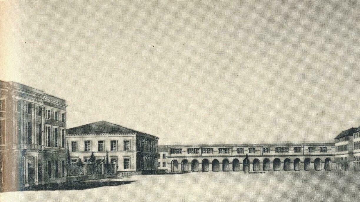 Sketch of what the arcades at Place Guillaume II might have looked like if constructed.