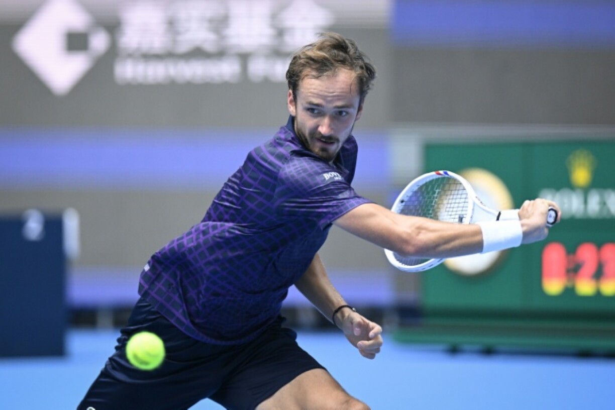 Russia's Daniil Medvedev hits a return against Britain's Cameron Norrie during their men's singles match at the China Open tennis tournament in Beijing on September 26, 2025