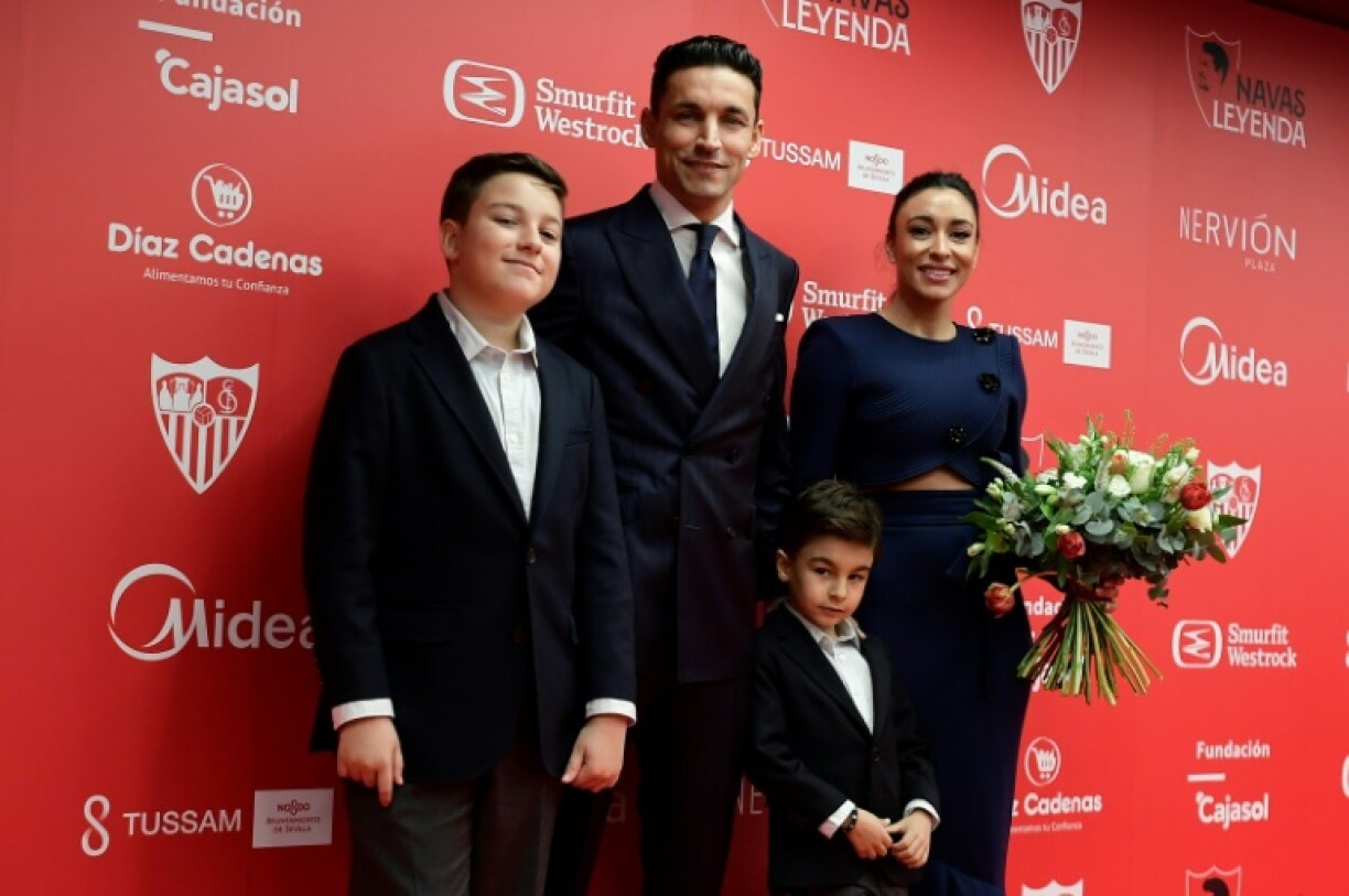 Sevilla's Spanish defender Jesus Navas and family during his farewell ceremony