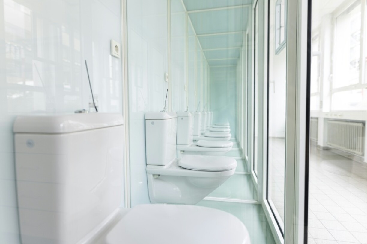 Toilets for testing perfume oil formulas are pictured at a test facility at Symrise