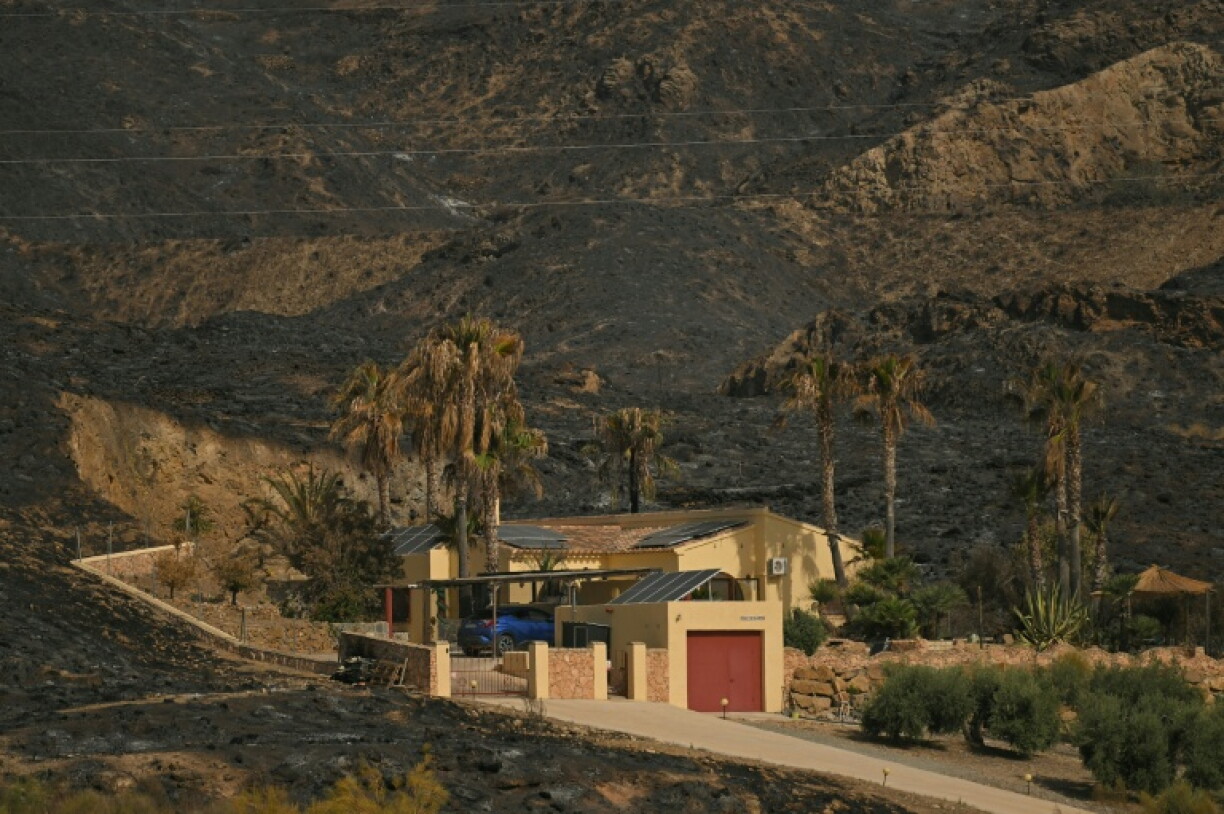 Une maison au milieu d'un paysage calciné est visible après un incendie de forêt ayant tué au moins 12 personnes, dans le district de Los Gallardos, province d'Almería, le 11 juillet 2026