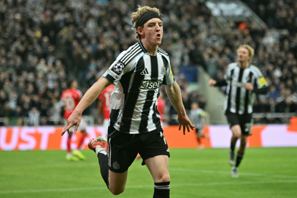 Newcastle midfielder Anthony Gordon celebrates after scoring the opening goal of a 3-0 Champions League win over Benfica at St James' Park