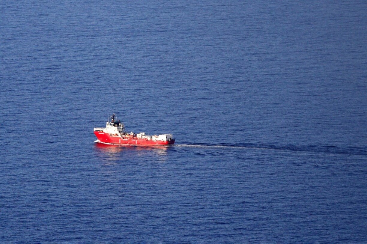 Aerial view showing the SOS Méditerranée's Ocean Viking escorted by a military ship off northern Corsica, 10 November 2022